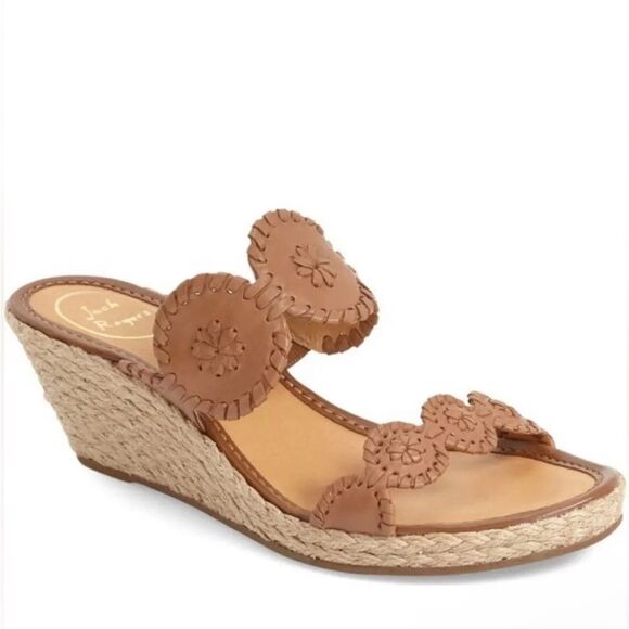NWOT Jack Rogers Shelby Espadrille Tan Leather Wedge Slide Sandals - Picture 1 of 8